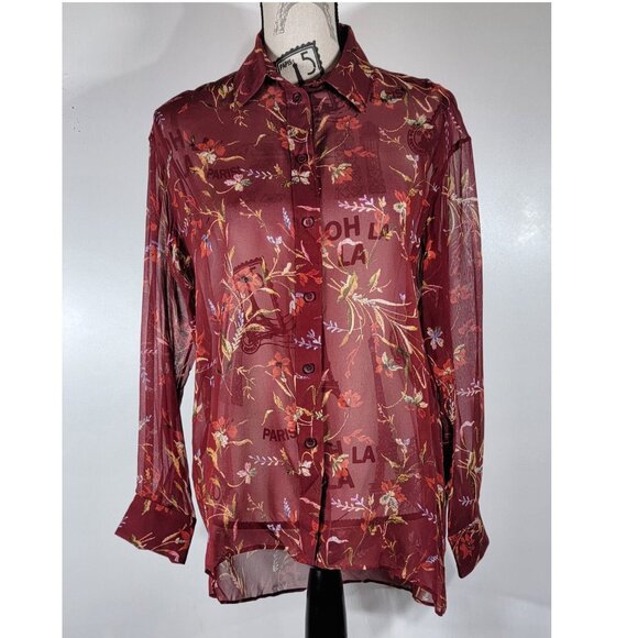 Balenciaga Authentic Red Floral Sheer Silk Blouse, Womens Size IT 36 / US 4 - Picture 3 of 11